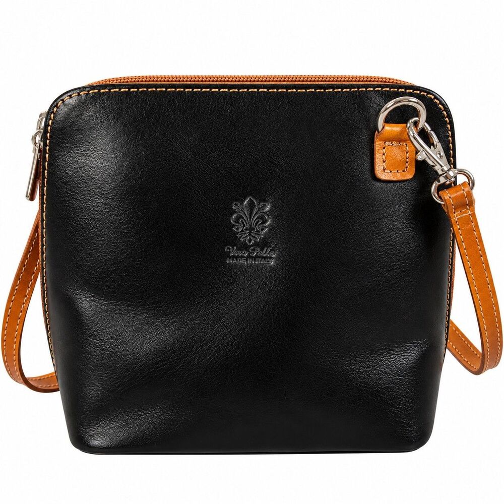 Vintage Vera Pelle Made in Italy Genuine Leather Black Tan Crossbody Bag Luxury